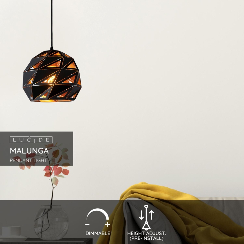 Lucide MALUNGA - Závesné svietidlo - Ø 25 cm - 1xE27 - Čierna